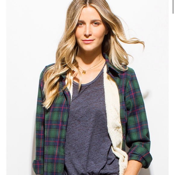 Plaid Fleece Lined Button Down Navy & Green - Picture 6 of 8